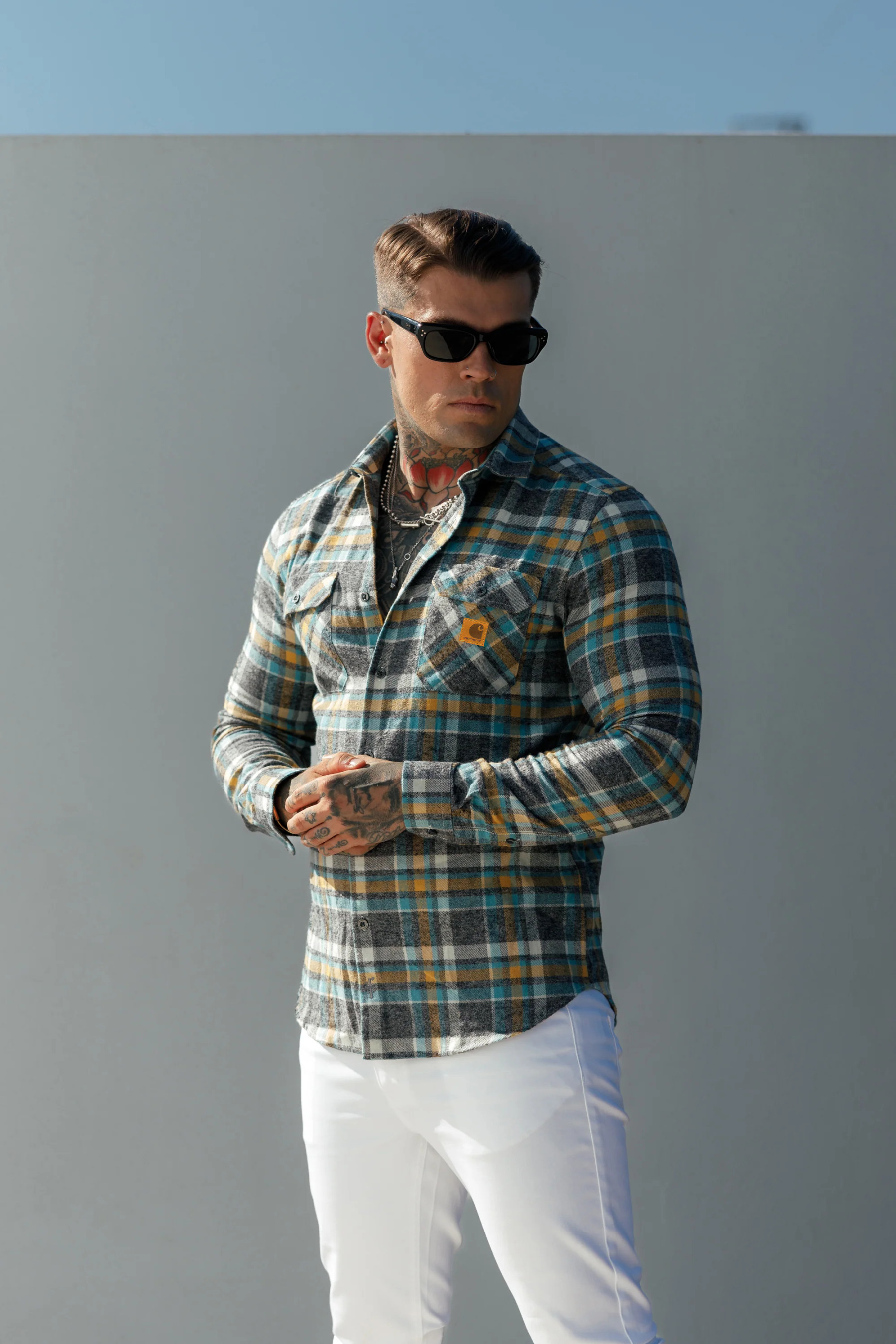 Rugged Outdoorsman Look Brown and Orange Check Utility Shirt