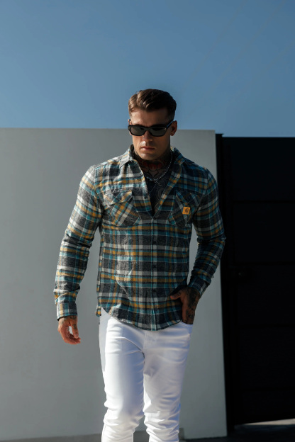 Rugged Outdoorsman Look Brown and Orange Check Utility Shirt