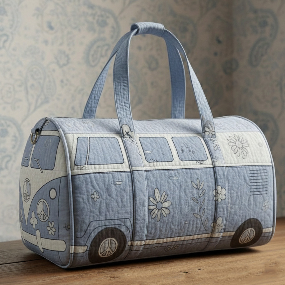 Retro Hippie Style VW Bus Quilted Blue Travel Duffle Bag