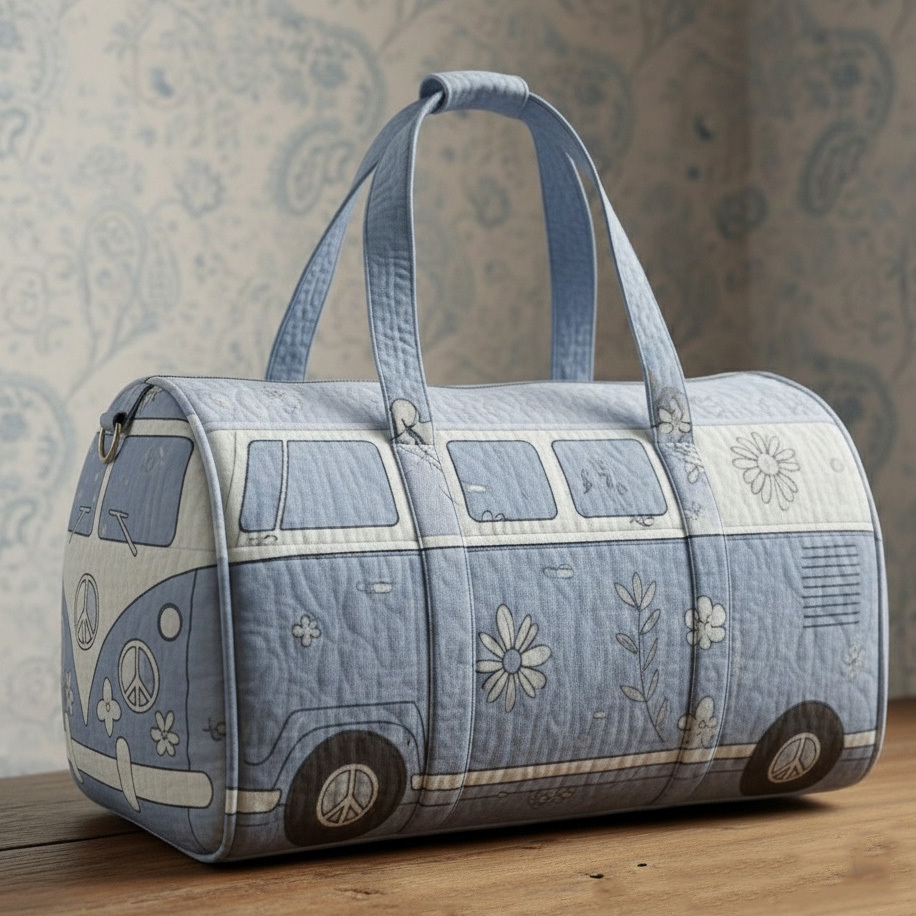 Retro Hippie Style VW Bus Quilted Blue Travel Duffle Bag