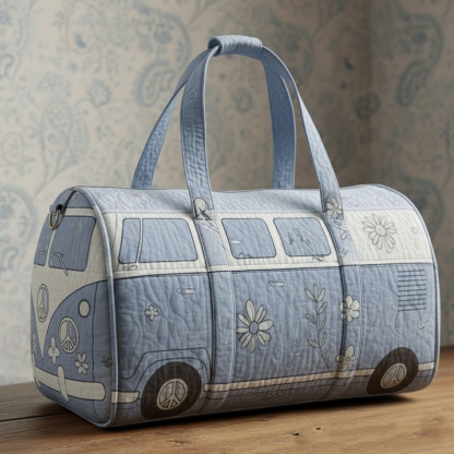 Retro Hippie Style VW Bus Quilted Blue Travel Duffle Bag
