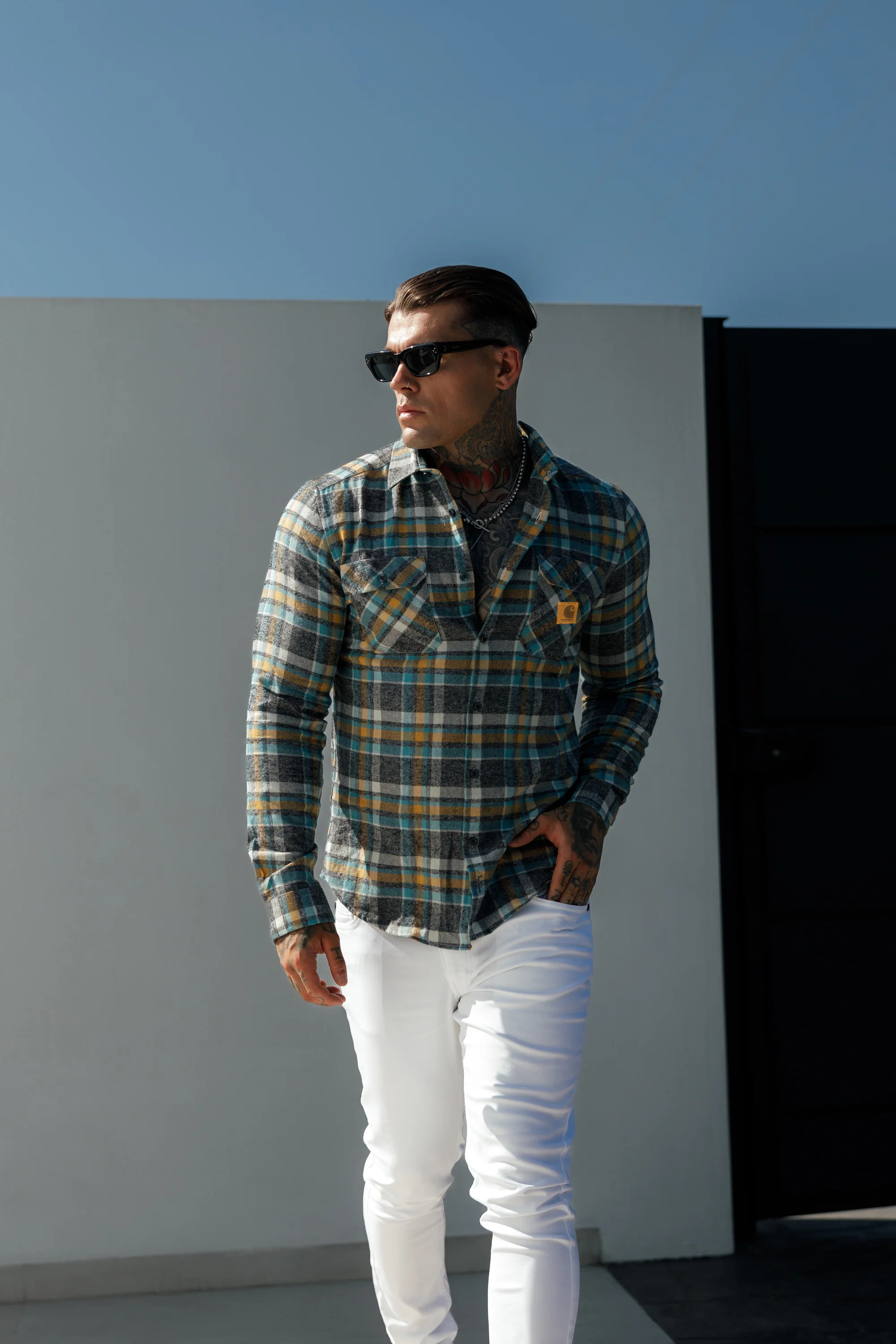 Rugged Outdoorsman Look Brown and Orange Check Utility Shirt