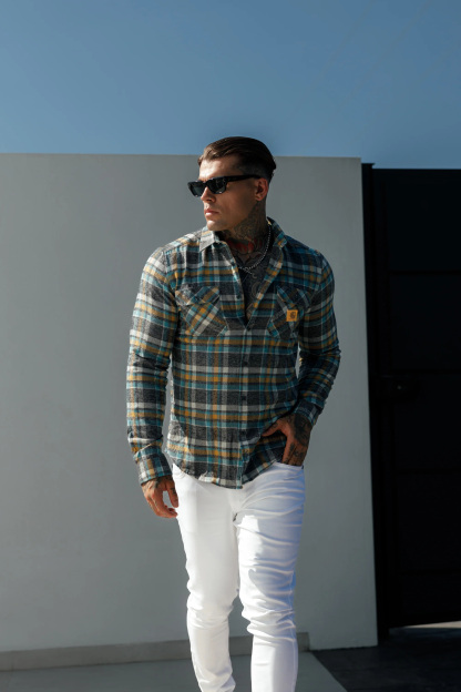 Rugged Outdoorsman Look Brown and Orange Check Utility Shirt