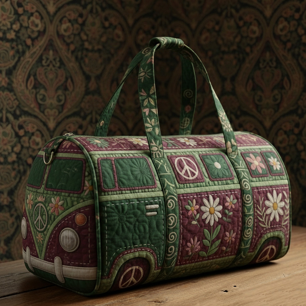 Bohemian Retro Hippie Flower Bus Quilted Canvas Weekend Duffle Bag