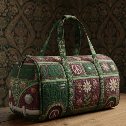 Bohemian Retro Hippie Flower Bus Quilted Canvas Weekend Duffle Bag