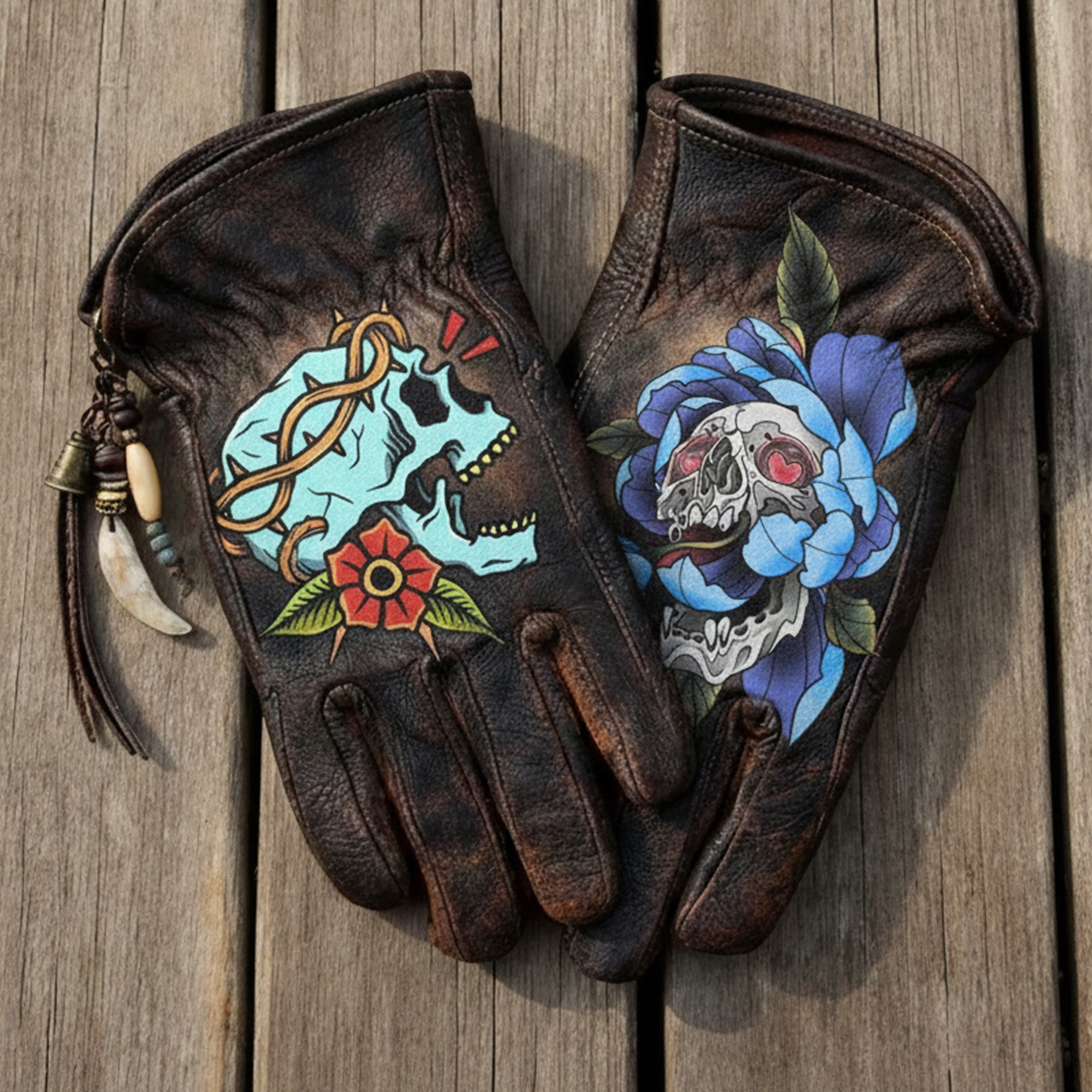 Gothic style skull leather riding gloves