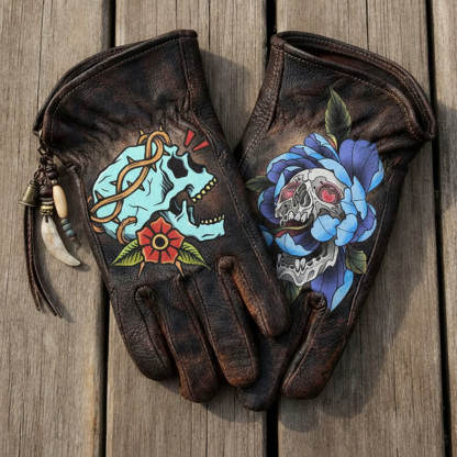 Gothic style skull leather riding gloves