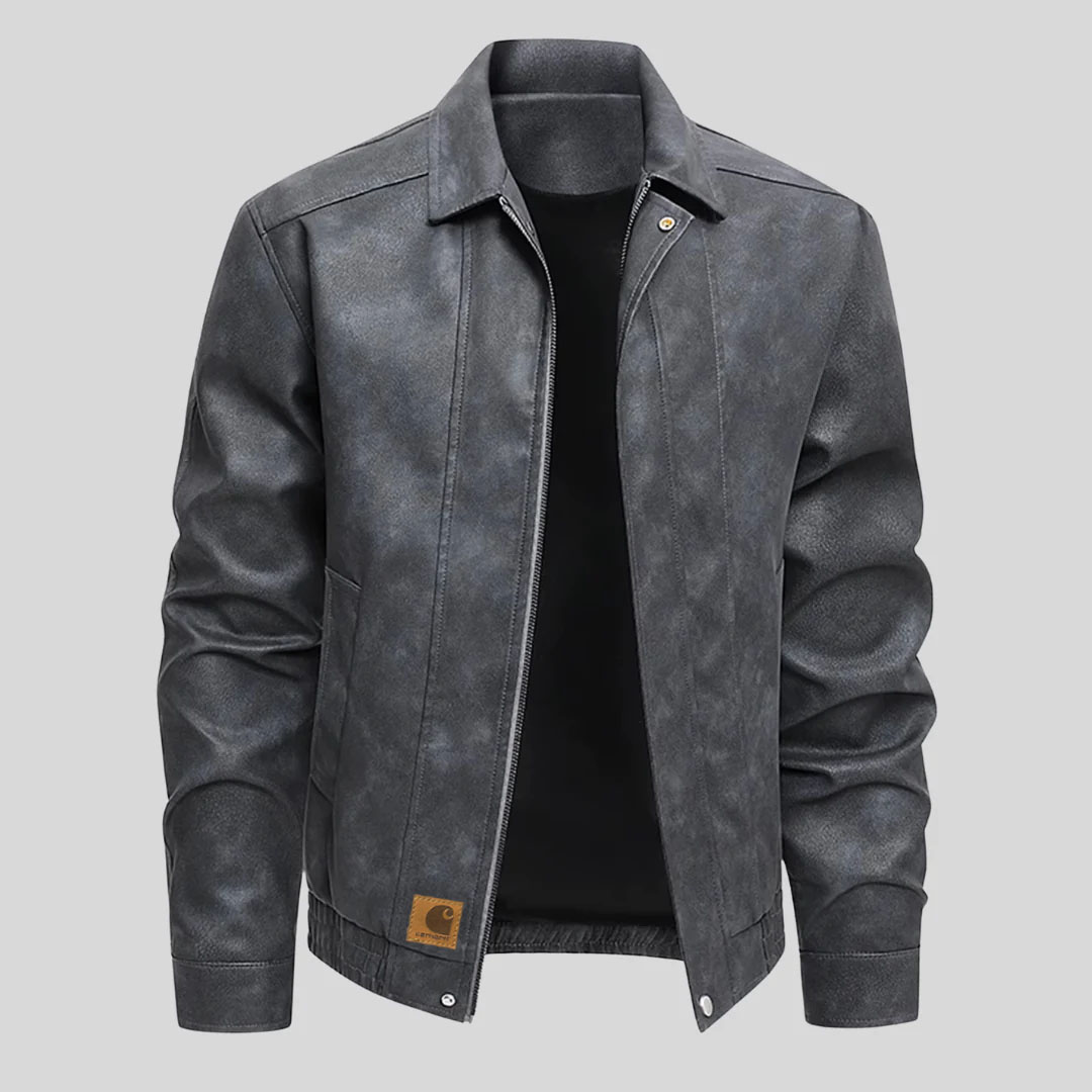 Edgy Biker Style Washed Faux Leather Full Zip Jacket