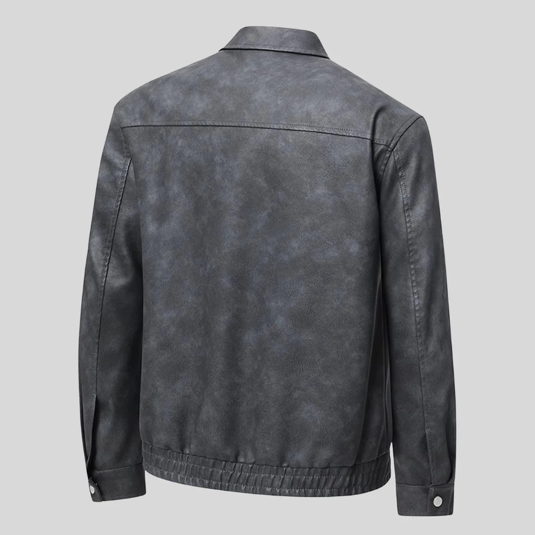 Edgy Biker Style Washed Faux Leather Full Zip Jacket