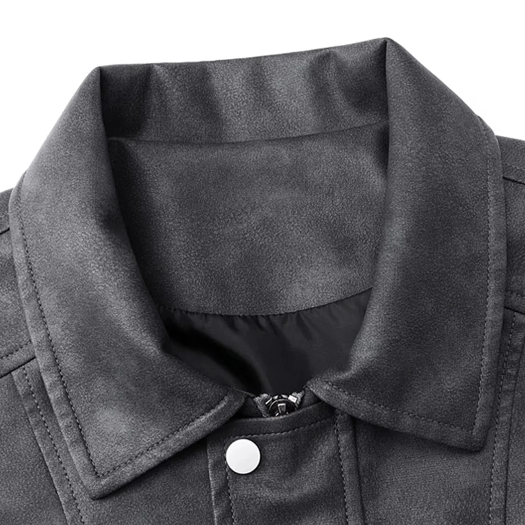 Edgy Biker Style Washed Faux Leather Full Zip Jacket