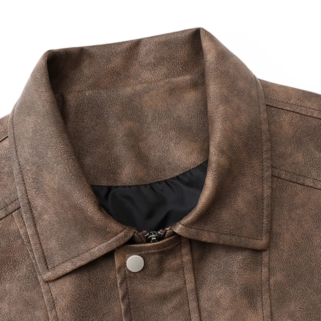 Edgy Biker Style Washed Faux Leather Full Zip Jacket