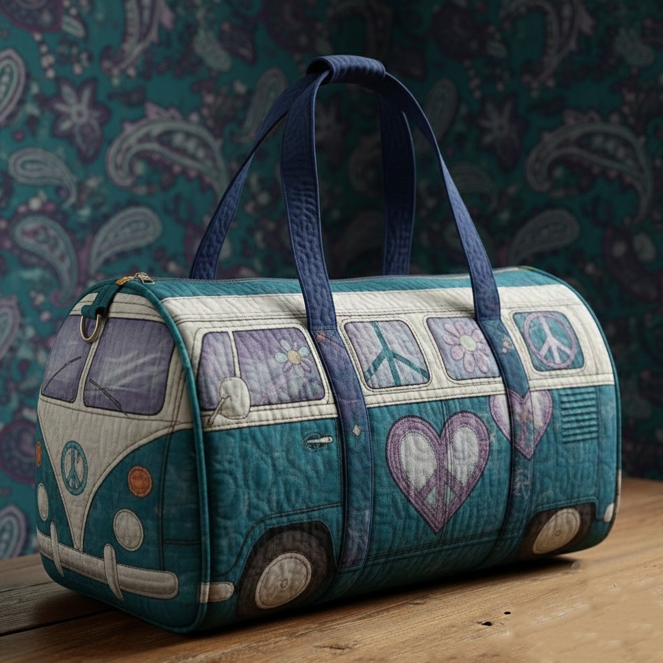 Bohemian Hippie Peace Sign Heart Pattern Quilted Duffle Bag
