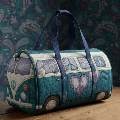 Bohemian Hippie Peace Sign Heart Pattern Quilted Duffle Bag