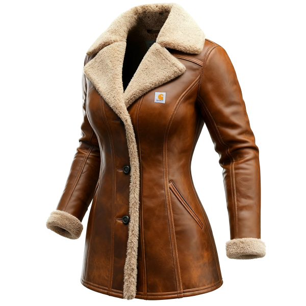 Women's Vintage Washed Leather Lapel Jacket Lambswool Lined Thickened Mid-Length Leather Jacket