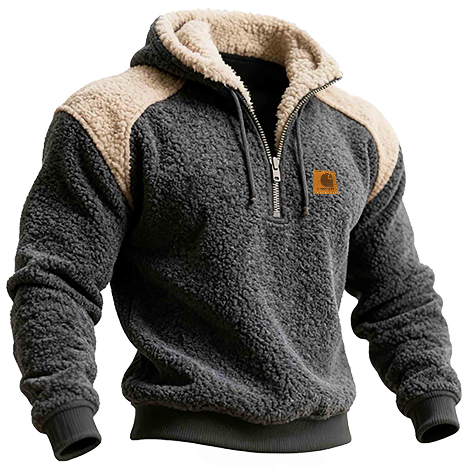 Casual Patchwork Sherpa Fleece Half-Zip Pullover Hoodie