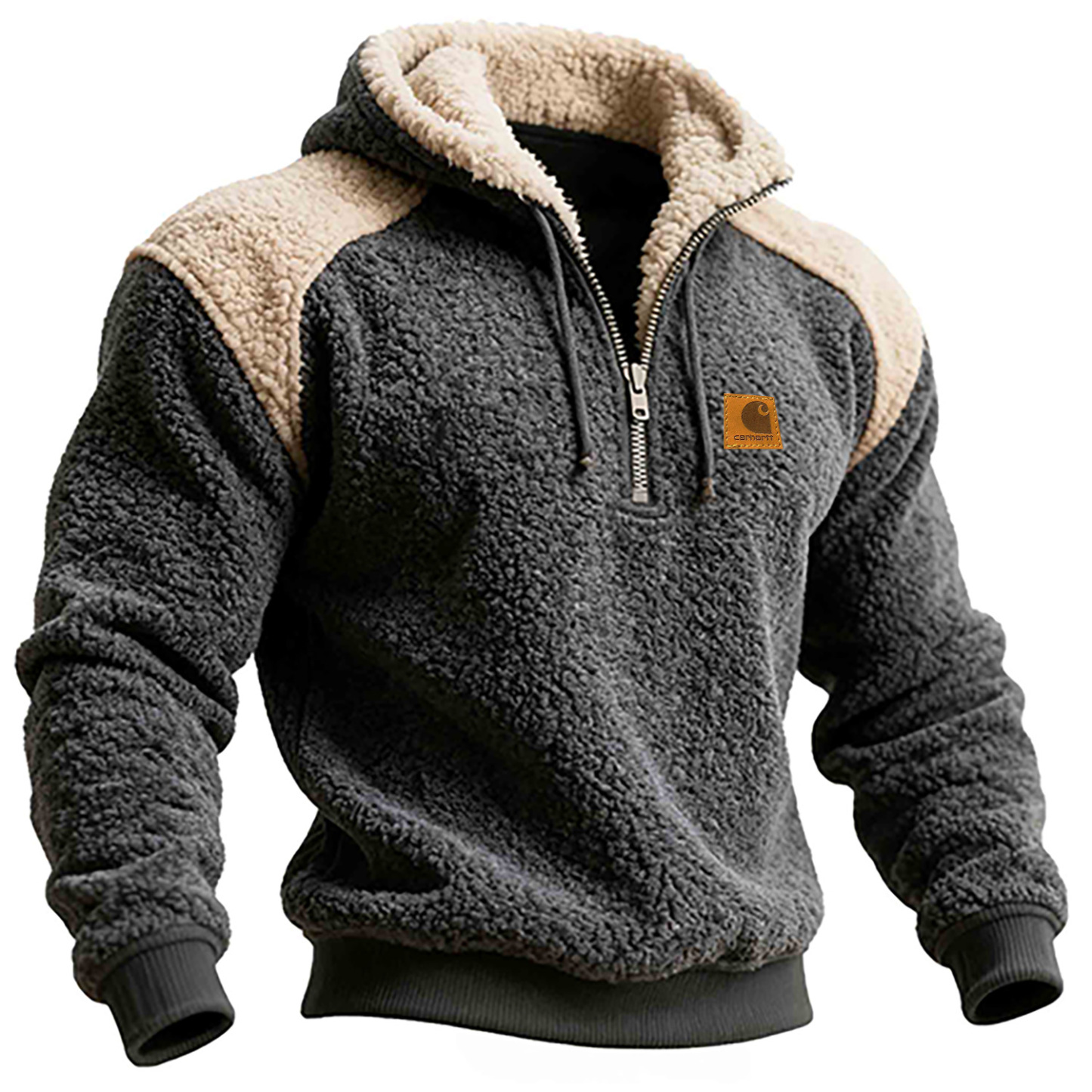 Casual Patchwork Sherpa Fleece Half-Zip Pullover Hoodie
