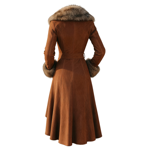 Women's Retro Western Style Suede Mid-Length Coat Fur Collar Lapel Jacket