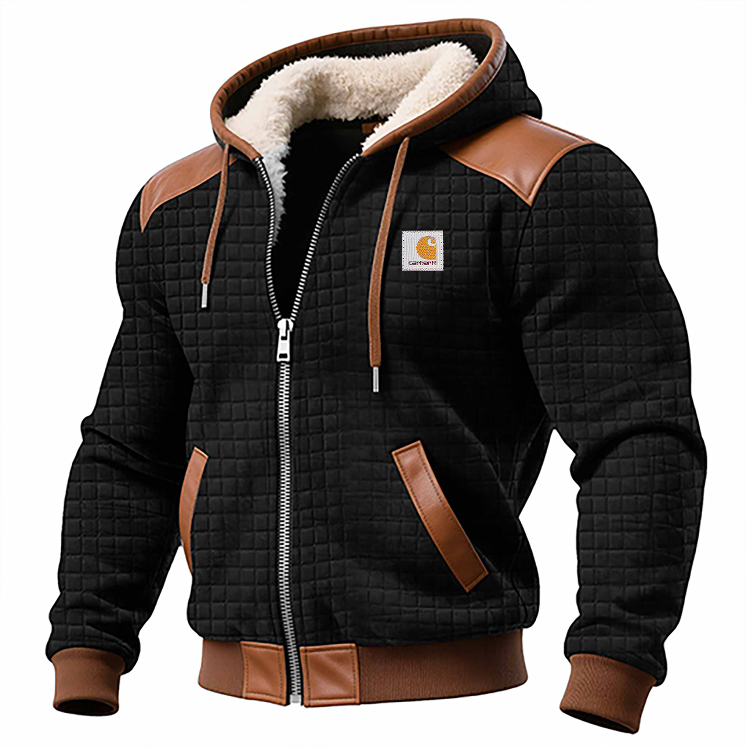 Warm Workwear: Leather Patchwork Quilted Hooded Jacket