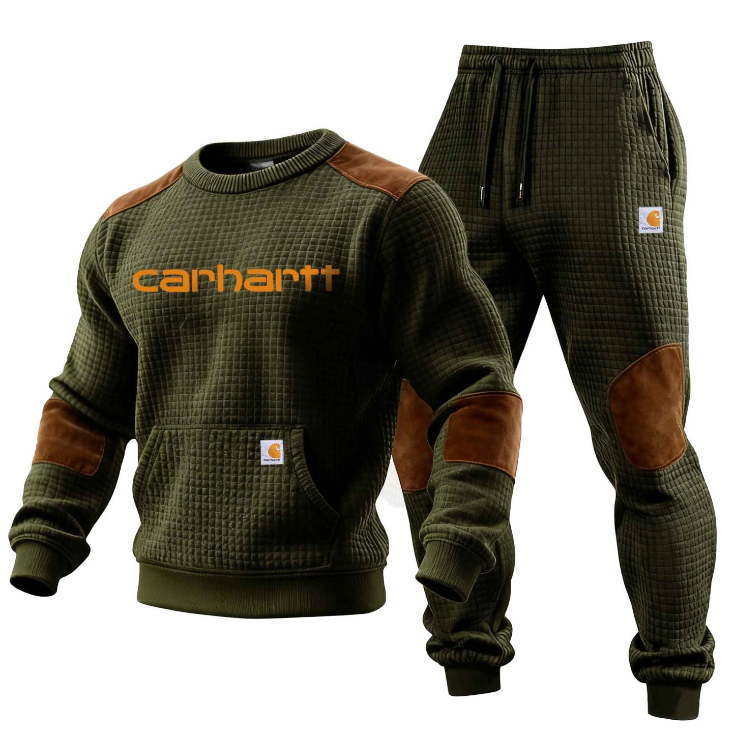 Men's Vintage Army Green Suede Crew Neck Sweatshirt And Sweatpants Jog