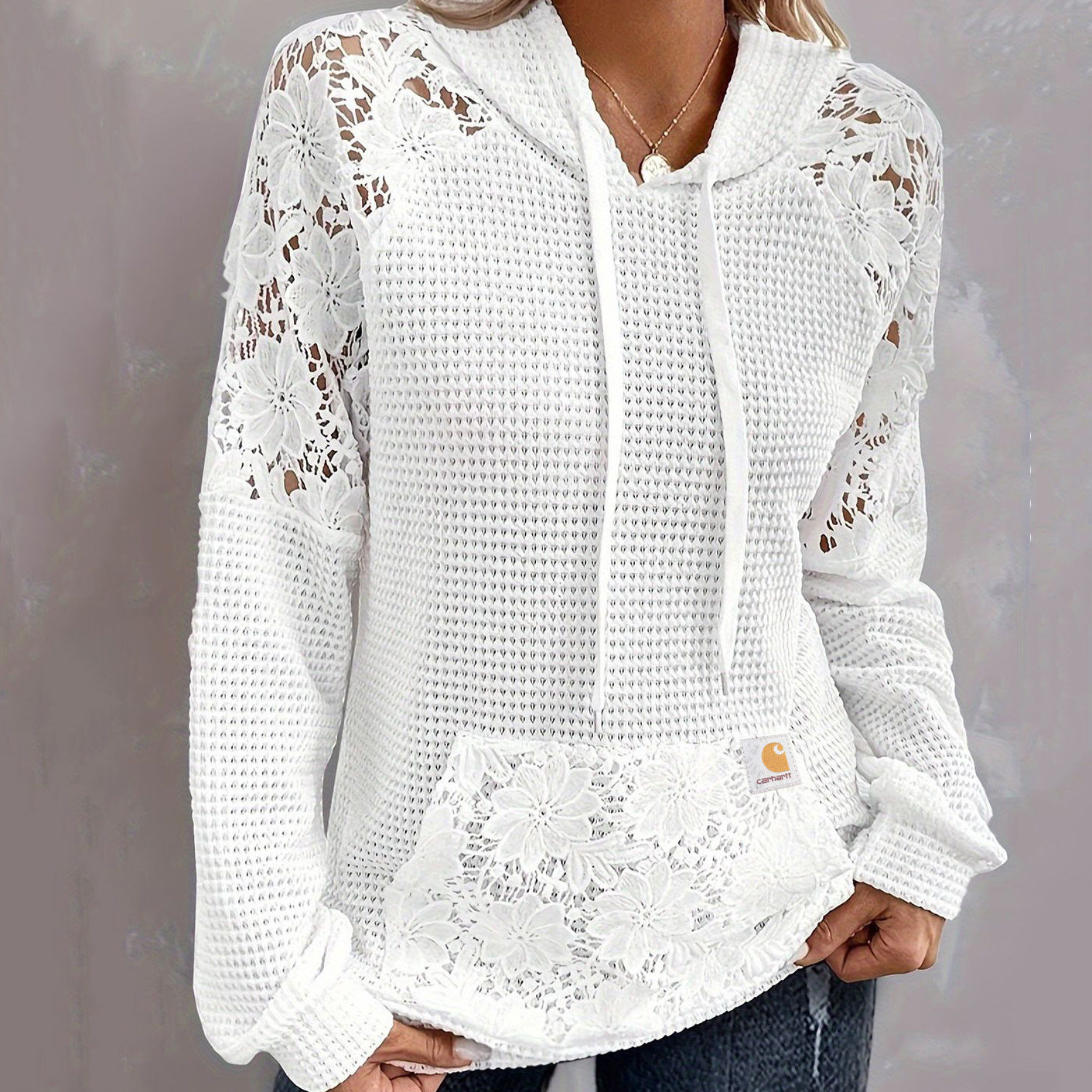 Lace Patchwork Waffle Hoodie