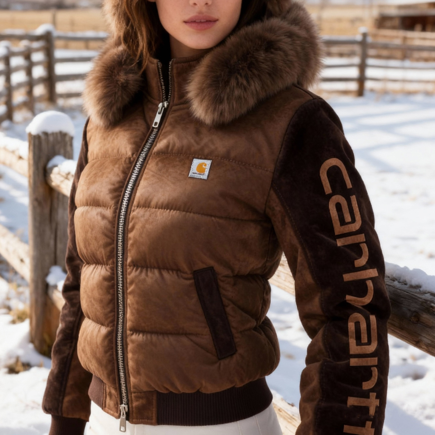 Warm Fur Hood Suede Puffer