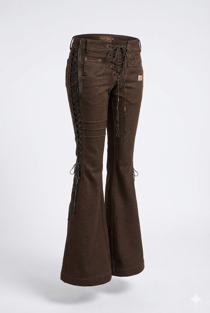 Retro aesthetic lace up front high waisted flared denim pants