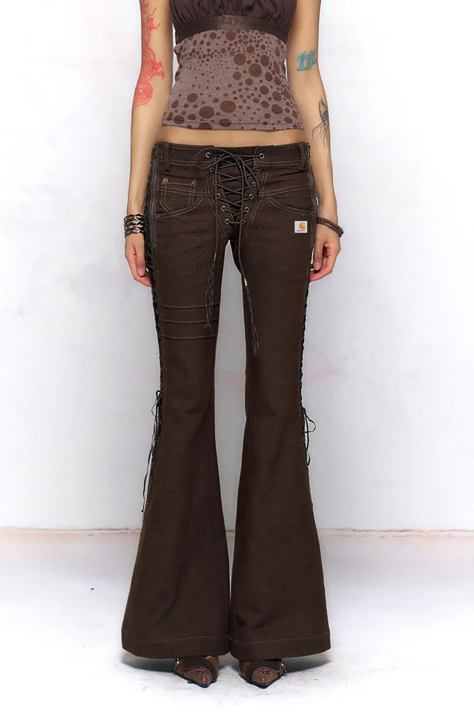 Retro aesthetic lace up front high waisted flared denim pants