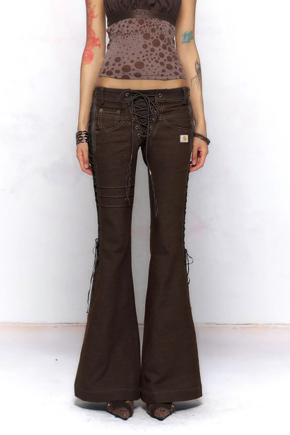 Retro aesthetic lace up front high waisted flared denim pants