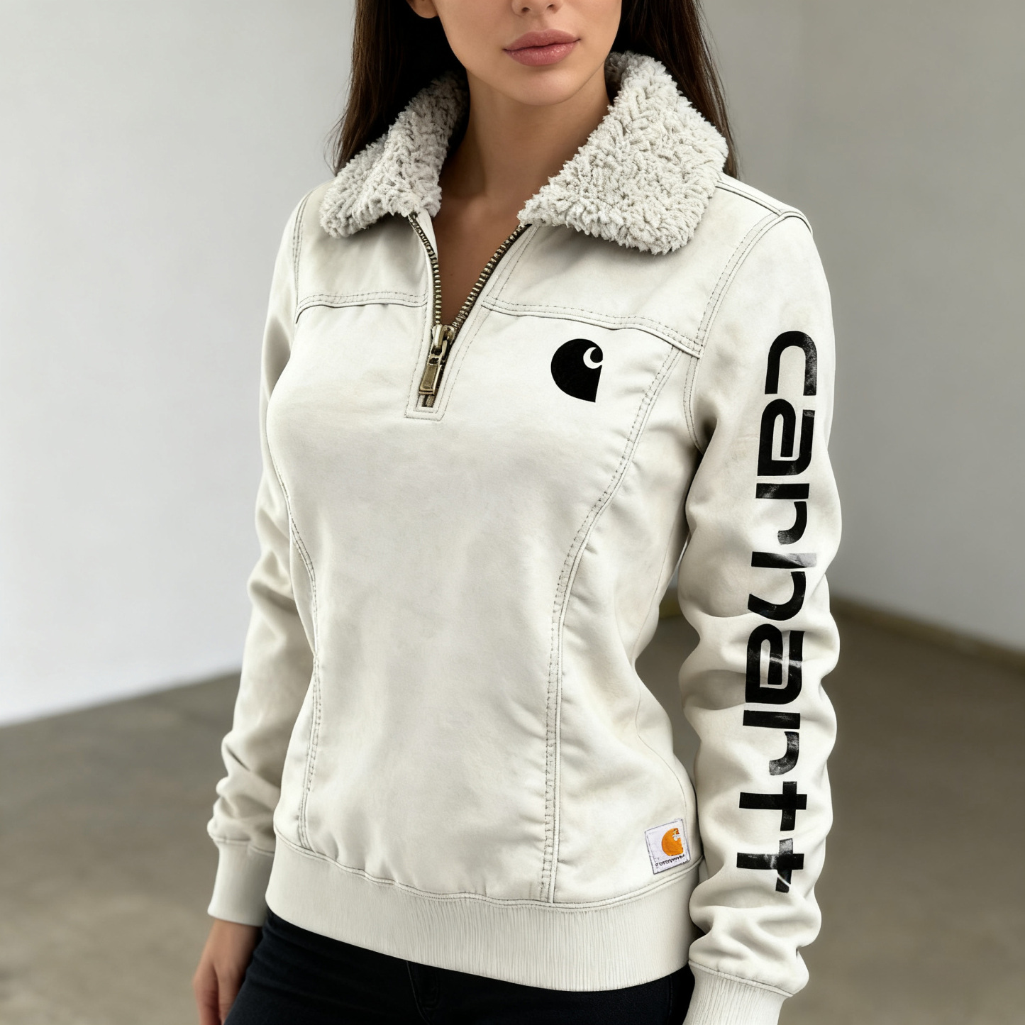 Women's Winter Sweatshirt Jacket with Faux Fur Collar and Vertical Logo Sleeve Design