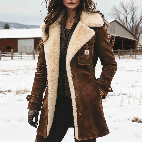 Women's Vintage Brown Suede Fleece Lapel Collar Mid-Length Shearling Coat Jacket