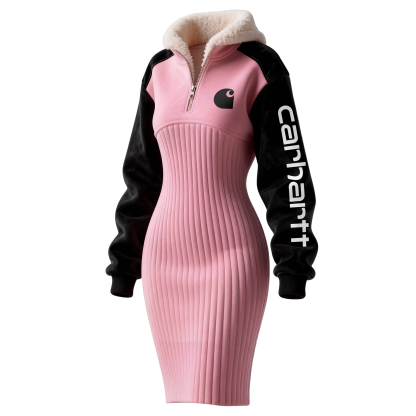 Women's Contrast Color Stitching Suede Lambswool Lapel Hooded Long Sweatshirt