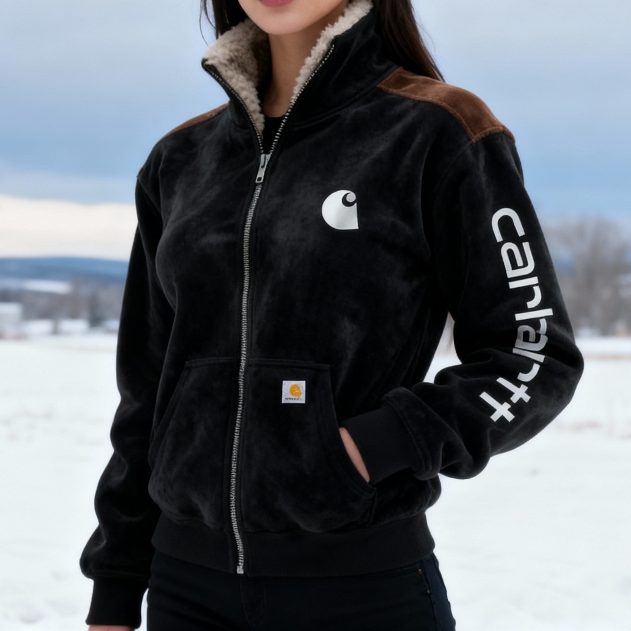 Retro Western Style Women's Contrast Color Panel Suede Zipper Stand Collar Cardigan Sweatshirt