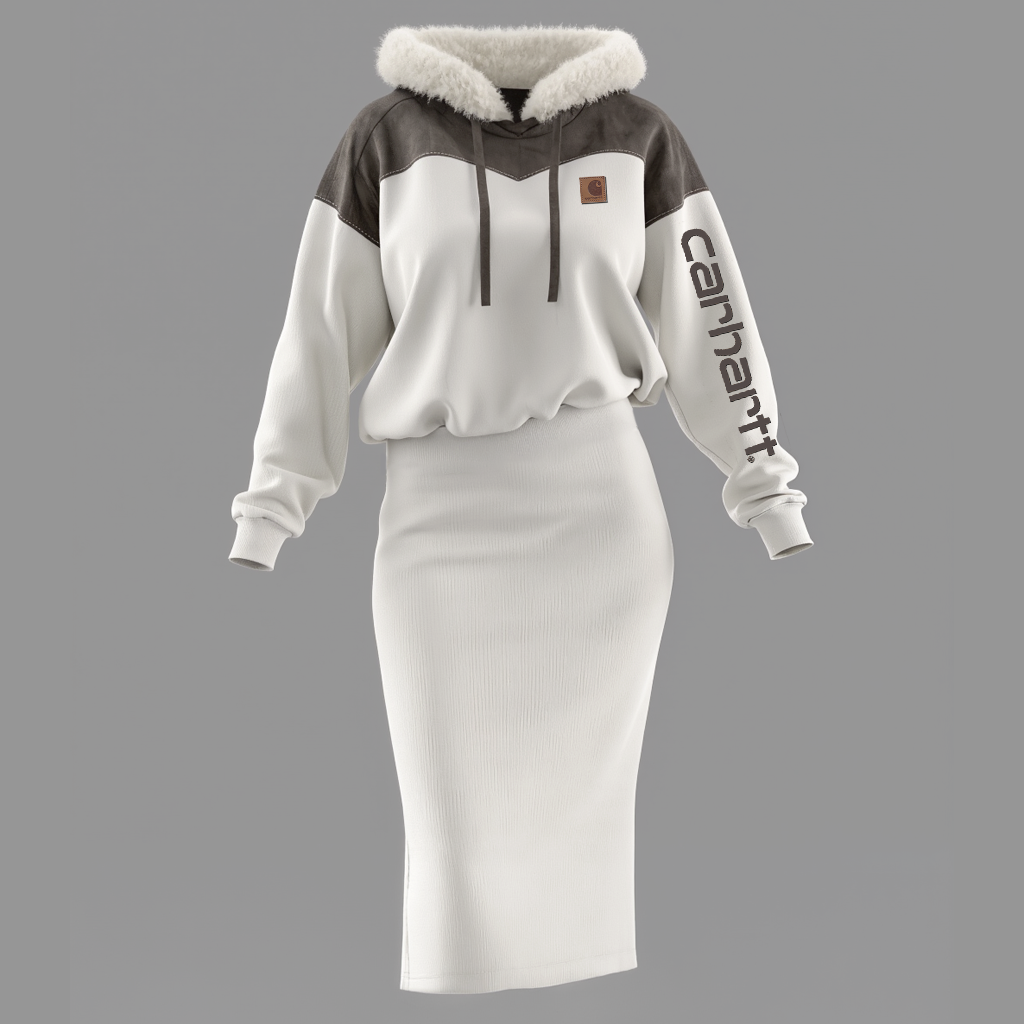 Women's Fashion Vintage Hooded Sweatshirt Dress With Faux Fur Trim