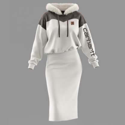 Women's Fashion Vintage Hooded Sweatshirt Dress With Faux Fur Trim