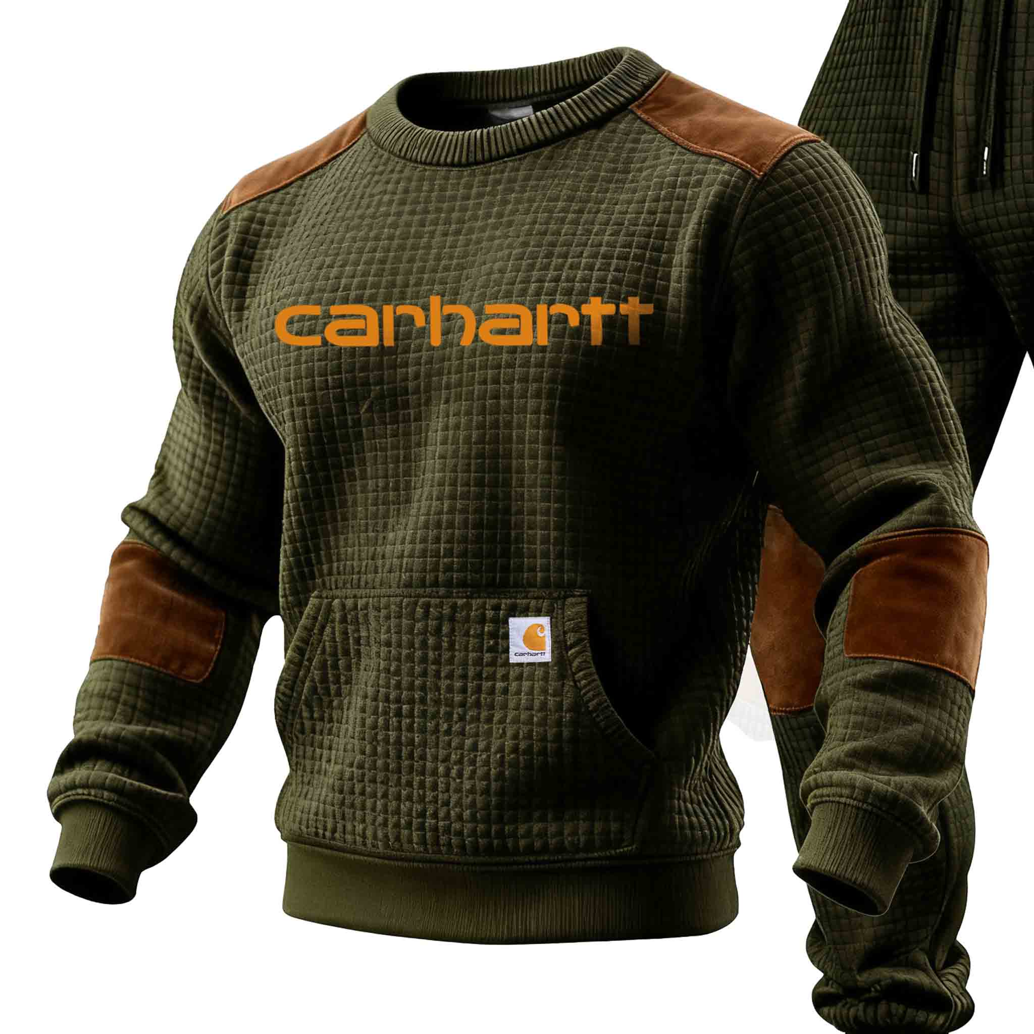 Men's Vintage Army Green Suede Crew Neck Sweatshirt And Sweatpants Jogger Set