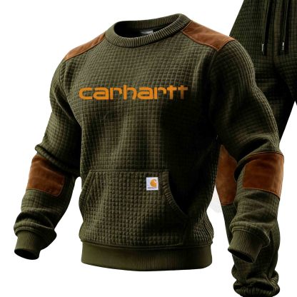 Men's Vintage Army Green Suede Crew Neck Sweatshirt And Sweatpants Jogger Set