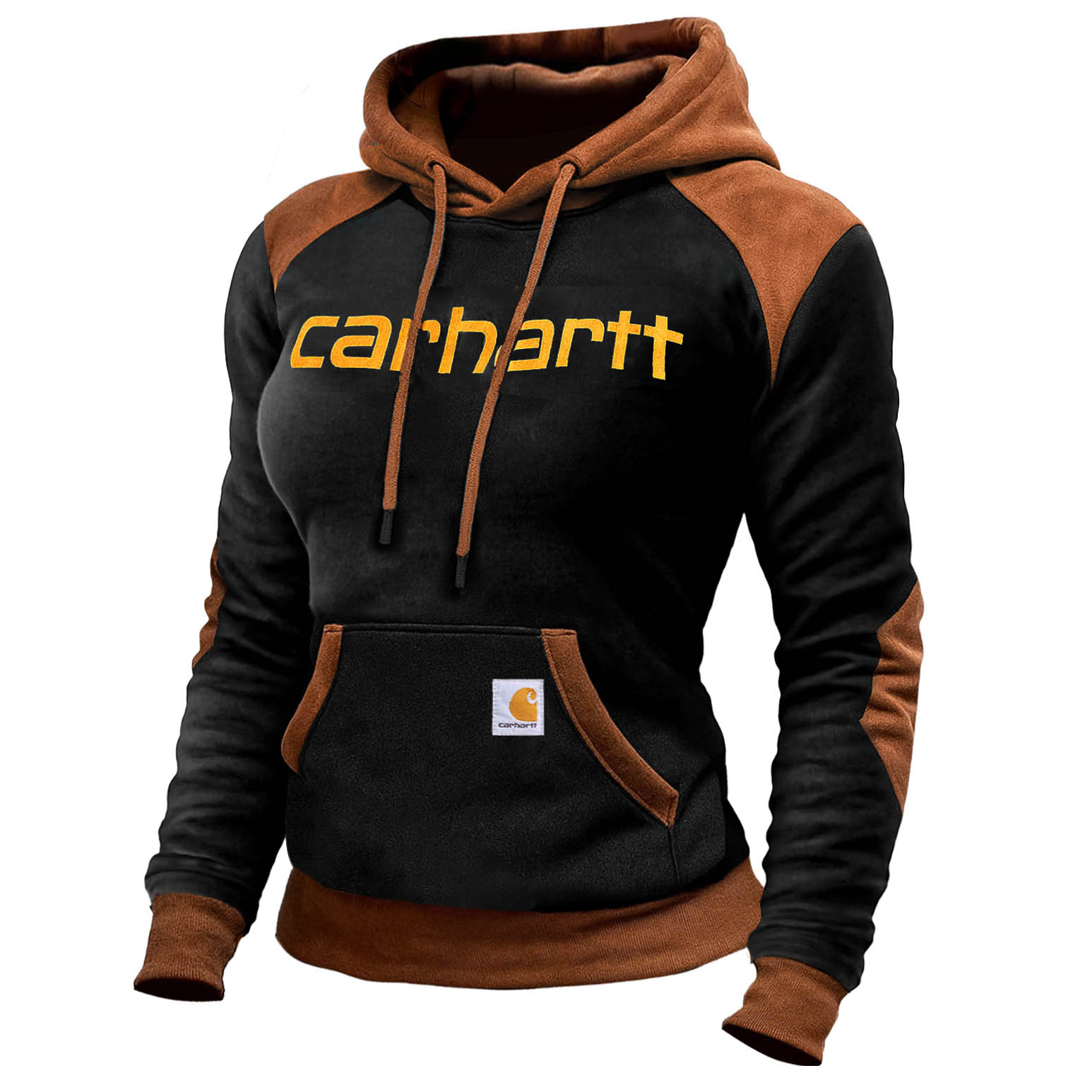 Women's Vintage Western Cowboy Embroidered Black And Suede Brown Color Block Hoodie