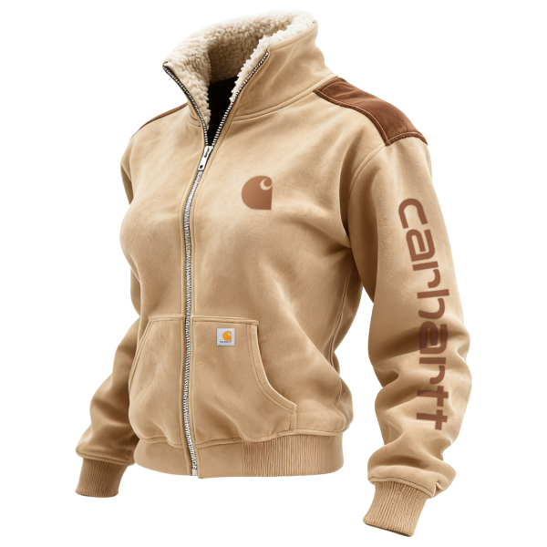 Retro Western Style Women's Contrast Color Panel Suede Zipper Stand Collar Cardigan Sweatshirt