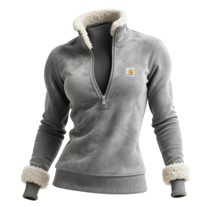 Retro Western Style Women's Suede Contrast Color Stitching 1/4 Zip Stand Collar Sweatshirt