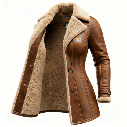 Women's Vintage Washed Leather Lapel Jacket Lambswool Lined Thickened Mid-Length Leather Jacket