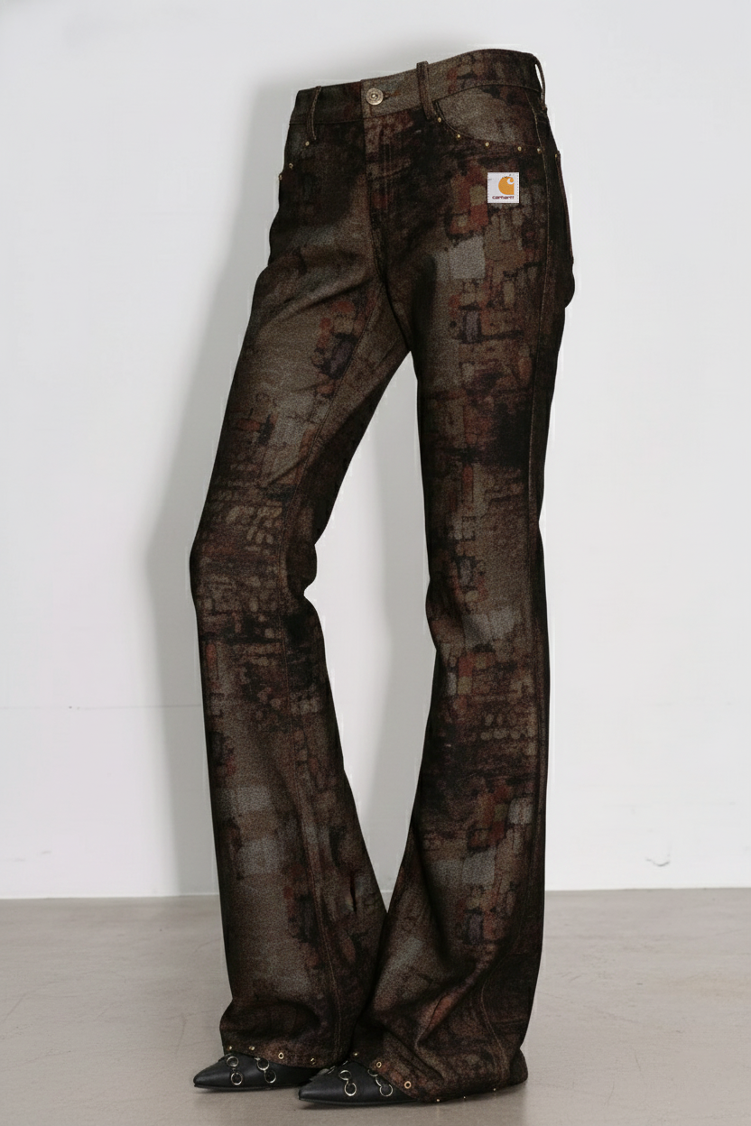 Retro abstract print high waisted slim fit flared pants
