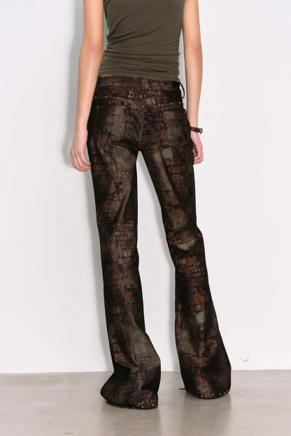 Retro abstract print high waisted slim fit flared pants