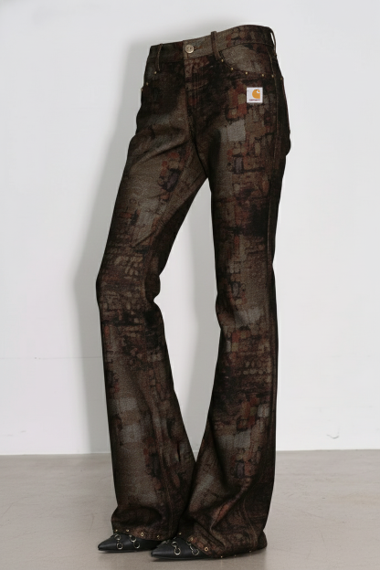 Retro abstract print high waisted slim fit flared pants