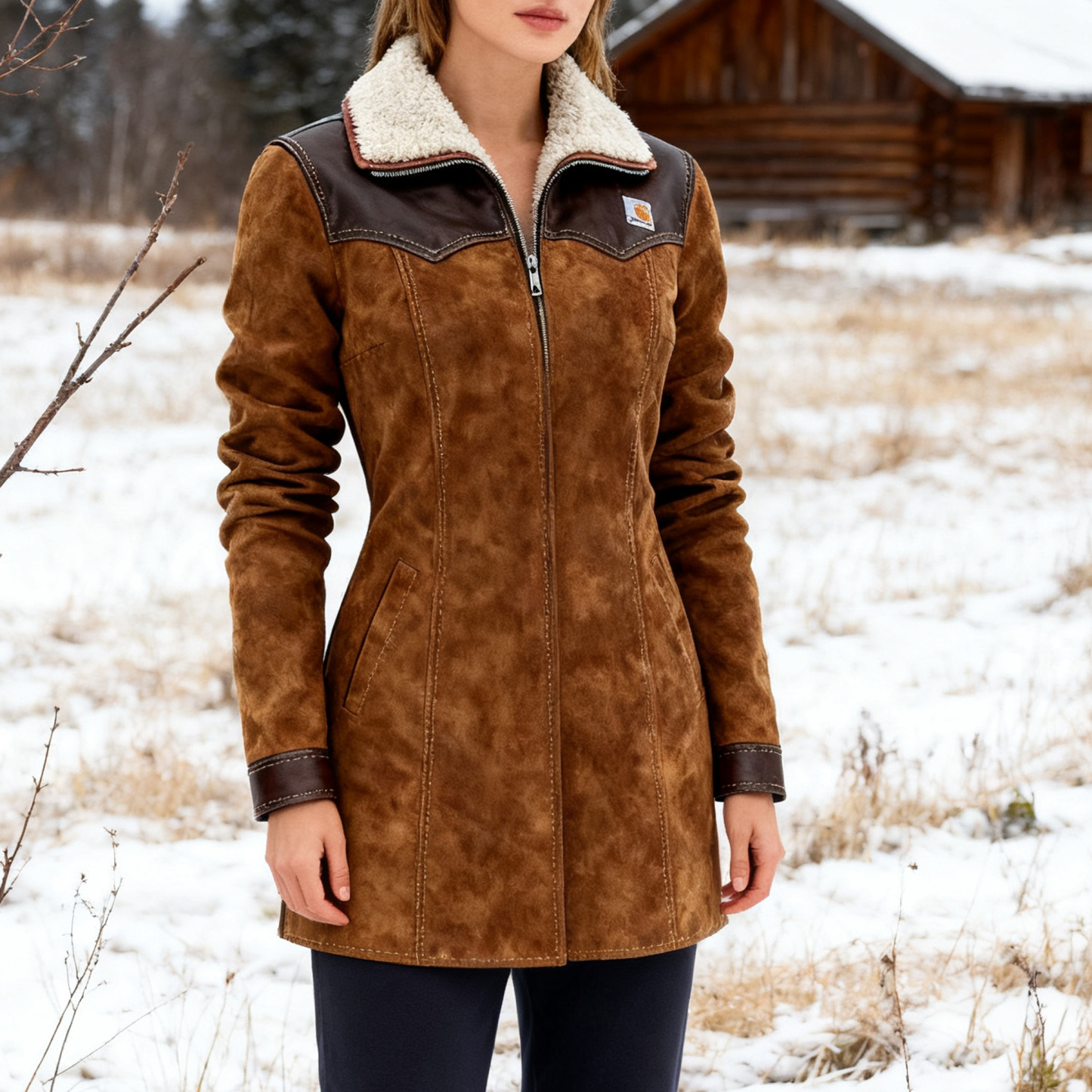 Women's Winter Suede Warmth Zipper Leather Splicing Jacket with Faux Fur Collar and Stylish Design