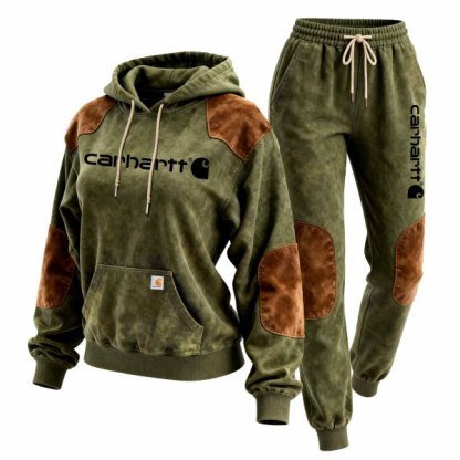 Women's Vintage Olive Green and Brown Suede Pocket Hoodie and Sweatpants Jogger Set