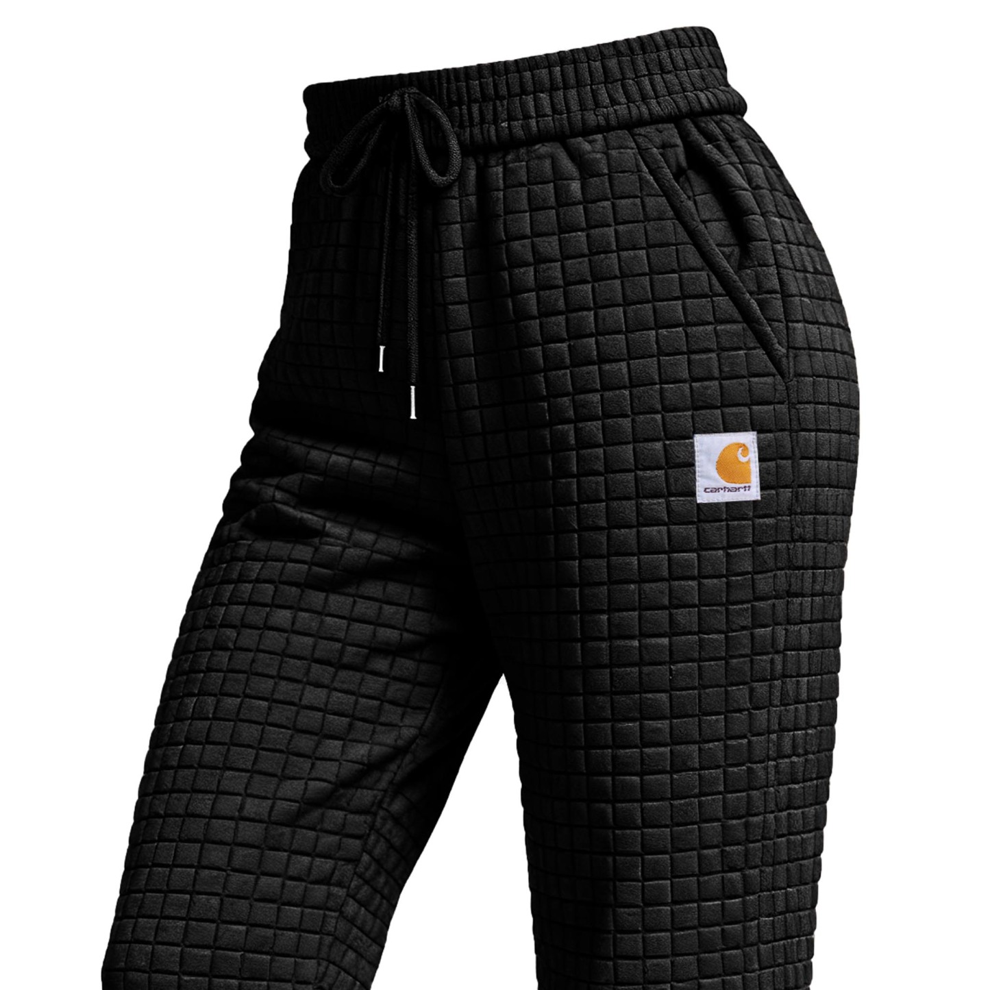 Women's Vintage Black Waffle Quilted Plaid Elastic Drawstring Jogging Sweatpants