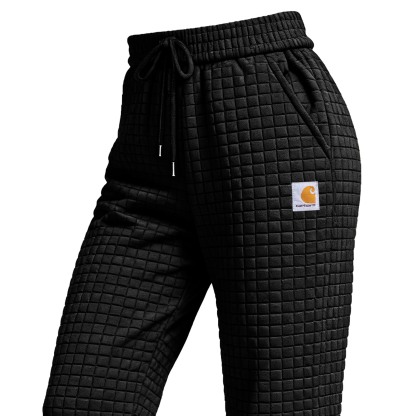 Women's Vintage Black Waffle Quilted Plaid Elastic Drawstring Jogging Sweatpants