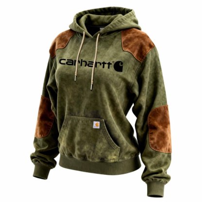 Women's Vintage Olive Green and Brown Suede Pocket Hoodie and Sweatpants Jogger Set