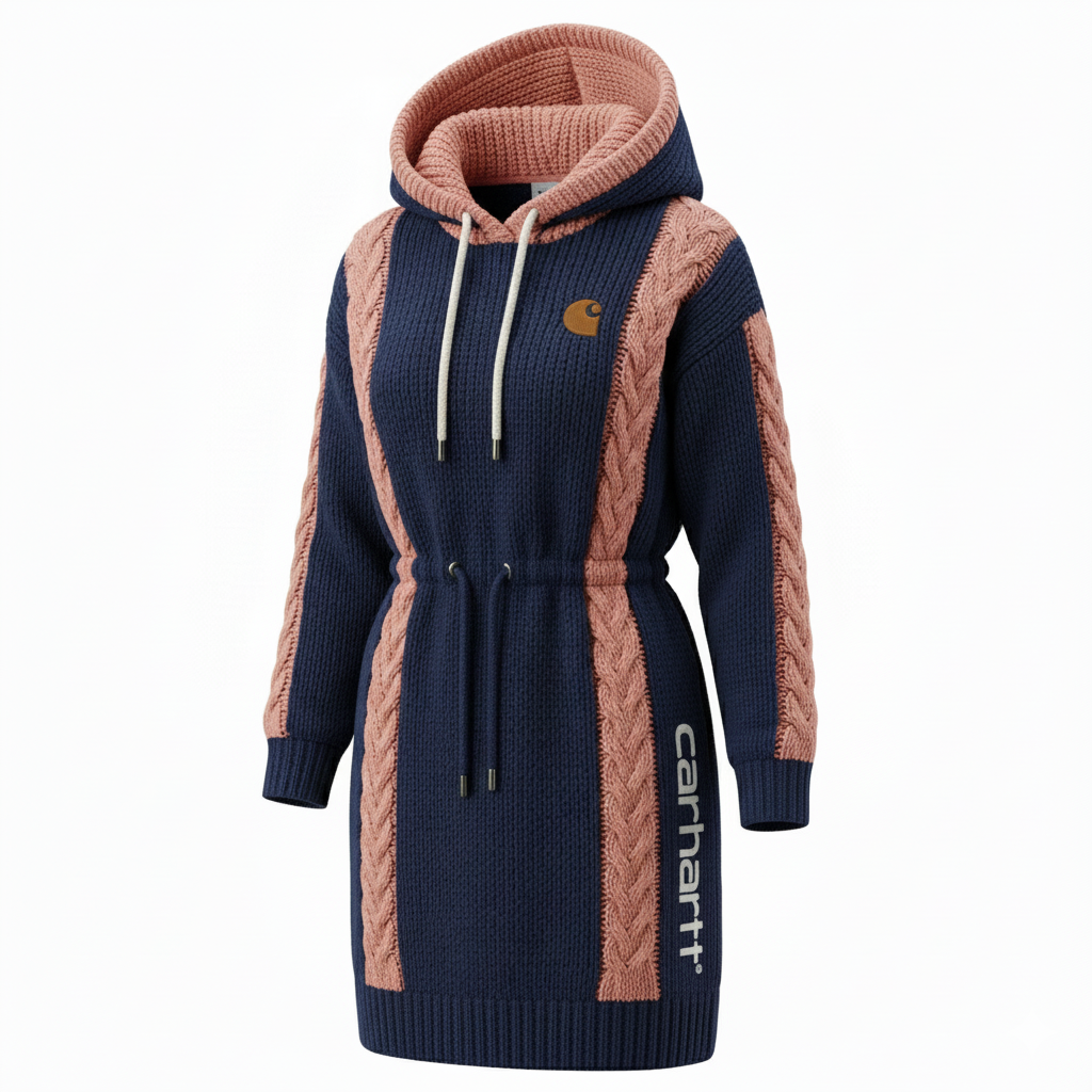 Sweet Sporty Cable Knit Patchwork Drawstring Waist Hooded Dress