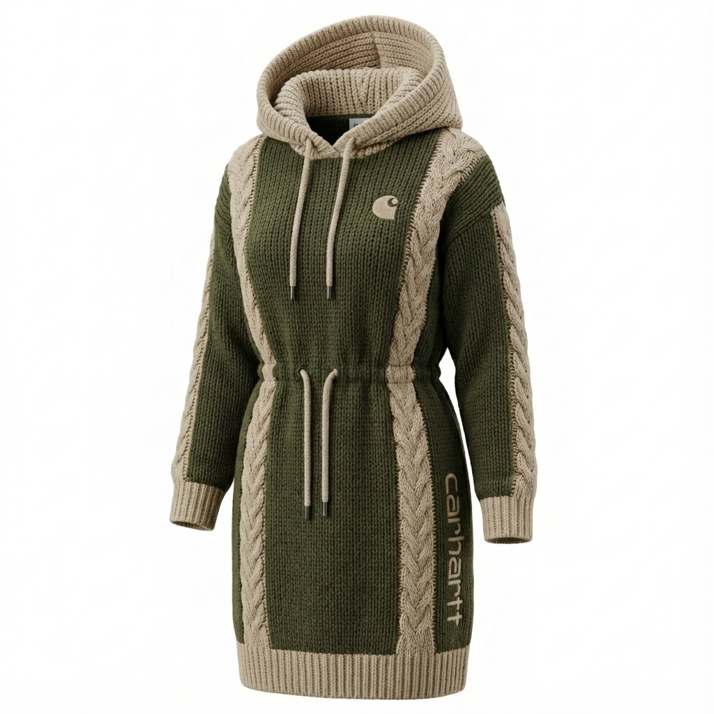 Outdoor Utility Cable Knit Patchwork Drawstring Waist Hooded Dress